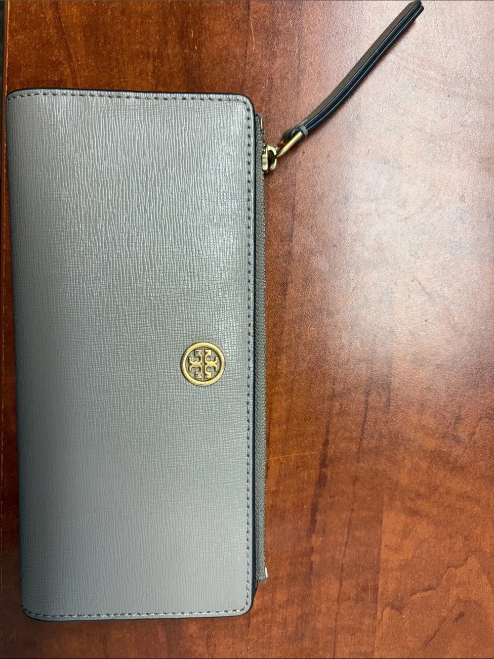 Tory Burch Gray Zip Wallet with Gold Logo